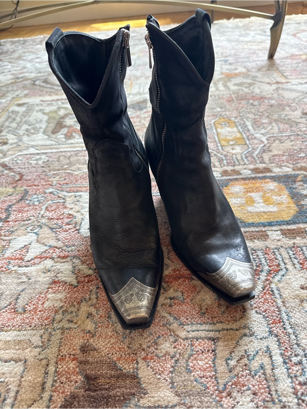 Vero Cuoio Black Leather Western Ankle Boots with Silver Toe Caps
